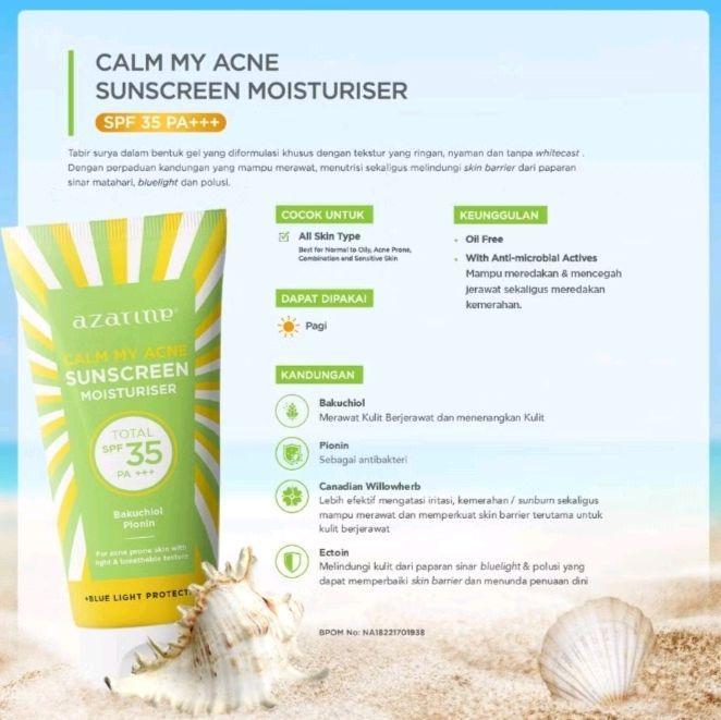 Azarine Calm My Acne Sunscreen Moisturiser SPF35 PA+++ untuk Semua Jenis Kulit dengan Bakuchiol & Platin