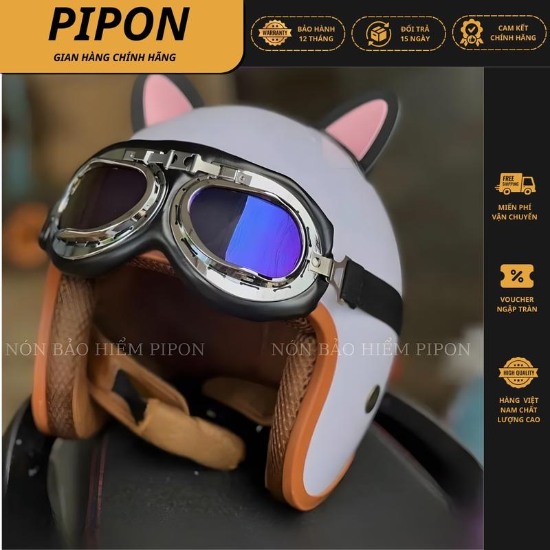 Mũ bảo hiểm 3 4 trùm đầu kèm Kính Phi Công và Tai Mèo Tai Gấu Nhiều màu sắc nón bảo hiểm 3 4 đi phượt cho nam và nữ