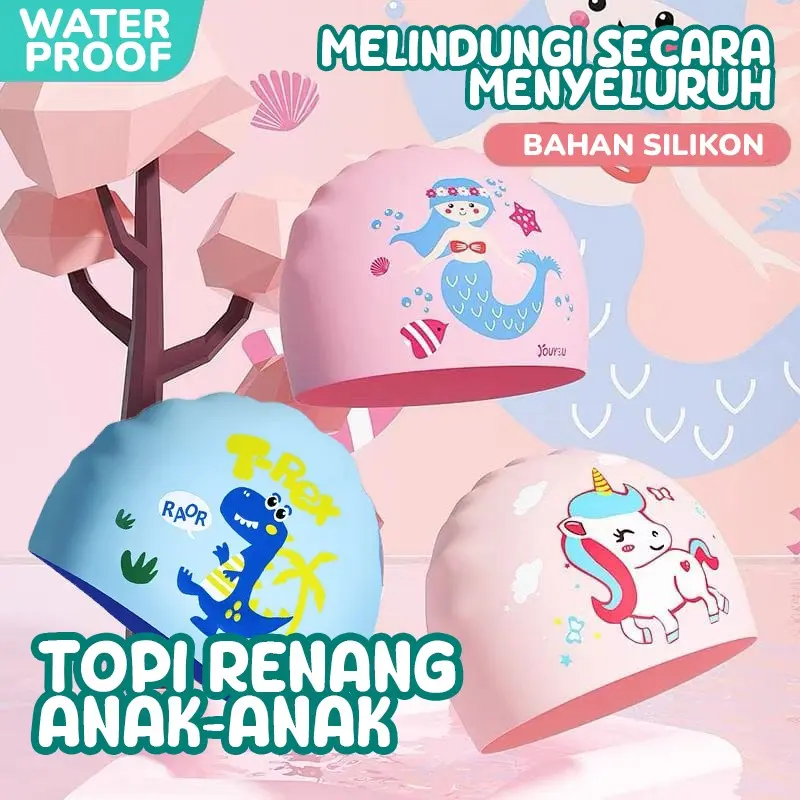 Topi Renang Anak Silicon / Topi Renang Motif Karakter Untuk Usia 3-15 Tahun