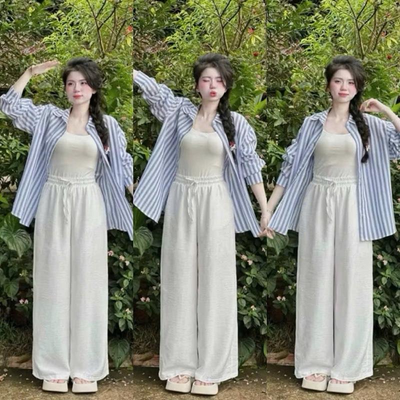 Mèo Mỡ Bigsize — Set bộ thời trang nữ áo sơmi sọc xanh dương + áo body suit + quần đũi trắng ống xuông bigsize 60-90kg