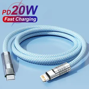 Kabel Data Pengisian Cepat Type C ke iOS 20W untuk iP 14 13 12 11 Pro Max 7 8 Plus Kabel Data Jalinan Paduan Aluminium dengan Lampu 4 Warna Panjang 1m/2m Aksesori Ponsel - Cable