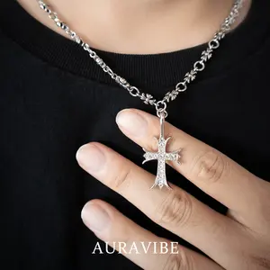 AURAVIBE-Kalung Hati Krom Pria Gelang Salib Berlian Platinum Perhiasan Wanita Vintage Perak Thailand Fashion Eropa Serbaguna