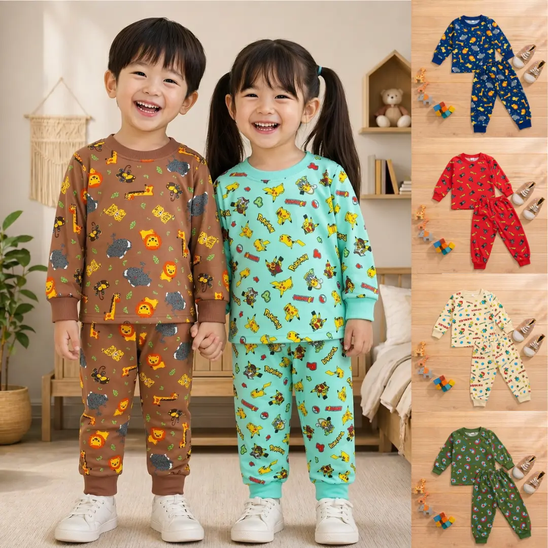 IRU KIDS - SETELAN ANAK PIYAMA LAKI LAKI DAN PEREMPUAN FULL PRINTING MOTIF KARAKTER UNISEX KATUN