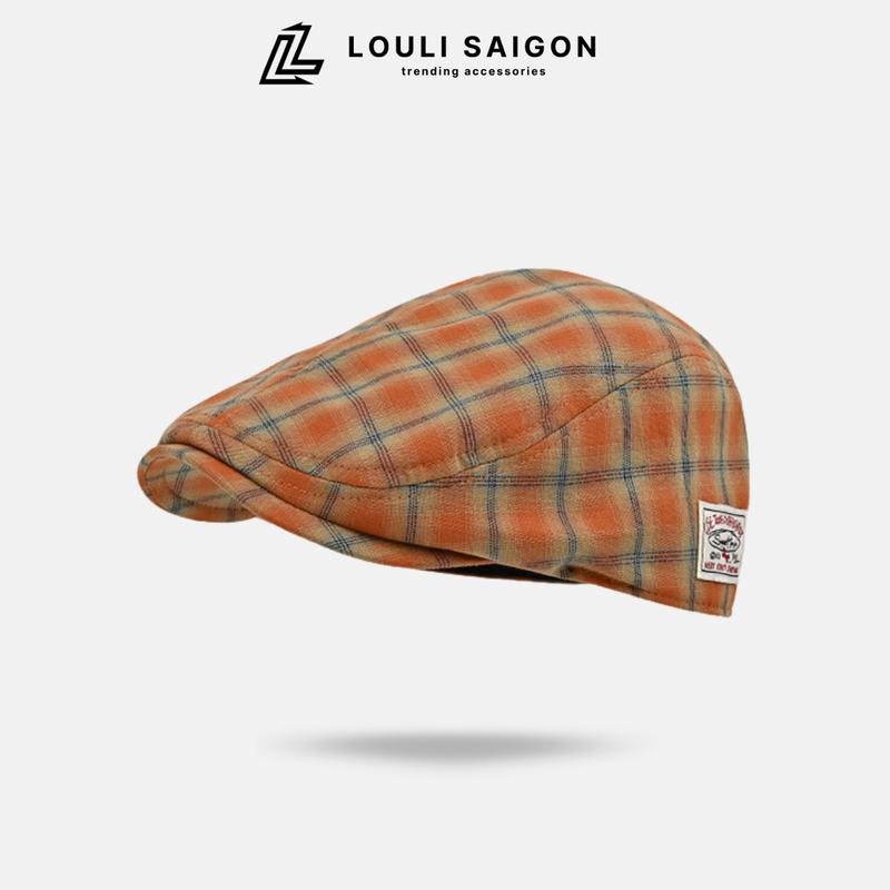Mũ beret nam nữ LOULI SAIGON hoạ tiết caro, nón beret unisex kaki cotton phong cách vintage BR14
