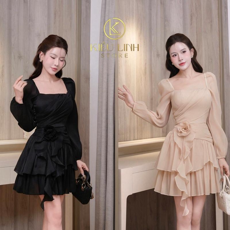 [Kiều Ling]-Váy Thiết Kế Dự Tiệc Tay Dài KL576 chất liệu Tơ Óng Vân, Cổ Vuông, chân váy 2 Tầng kết Hoa Eo Tua Rua, 2 Lớp Lót, Giấu Đường May