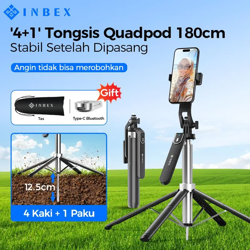 【COD】【24H Shipping】INBEX IB180 Tripod tongsis quadpod handphone Bluetooth 1.8m Memperkuat Tiang Penancap tongkat jalan 0