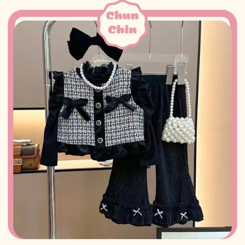 S096 - 9-21kg Set 3CT Gile Dạ Tweed Đính Nơ Quần Nhung Ống Loe Set Dạ Điệu Đà Bé Gái