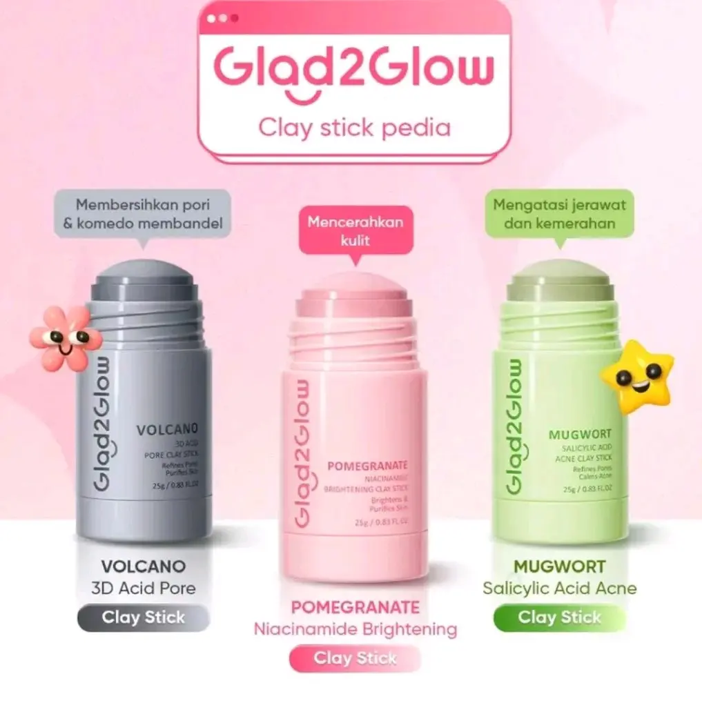 GLAD2GLOW CLAY STICK Mugwort / Volcano / Pomegranate/ Perawatan Wajah/ Komedo/ Masker/ Jerawat/ Melembutkan/ Bopeng