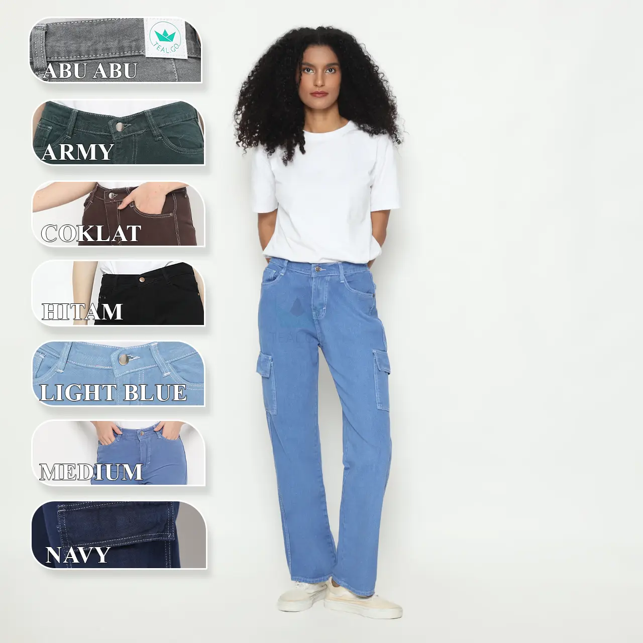 Teal.go Celana Panjang Cargo Jeans Pinggang karet Non Stretch