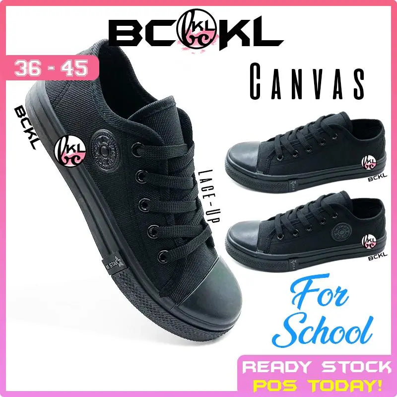 【 BCKL 】Teenager's Canvas Black Sneakers | Kids Sport Shoes for School Work | Kasut Sekolah Kerja Hitam Budak Remaja Bertali
