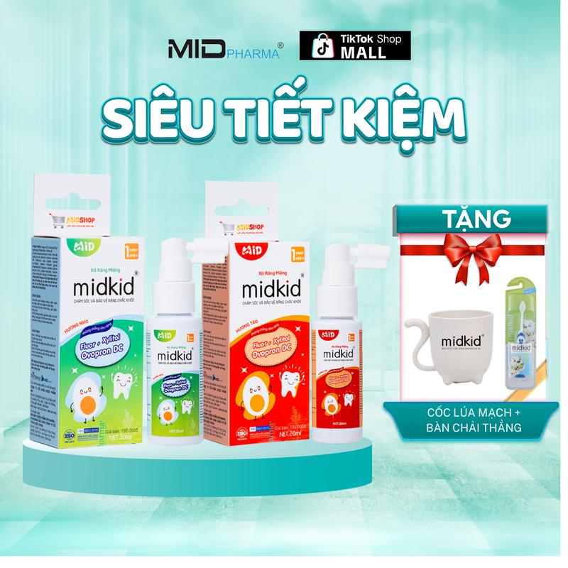  2 Hộp Xịt chống sâu răng Midkid 2 vị NHO và TÁO chính hãng cho bé từ 1 tuổi vị ngọt thơm nuốt an toàn - Tặng Bàn chải thẳng + Cốc nhựa Midkid 