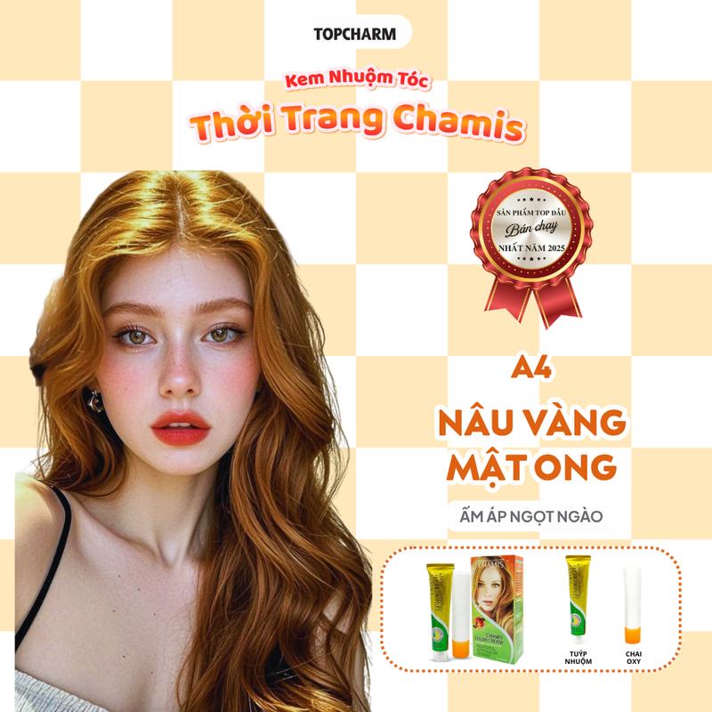 TOPCHARM Kem Nhuộm Tóc Màu NÂU VÀNG MẬT ONG A4 Không Tẩy Chamis Lên Màu Chuẩn Siêu Dưỡng Kèm Oxy Bao Tay Lược Đổi Màu Tóc