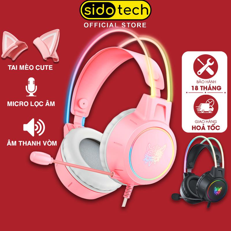 Tai nghe chụp tai có dây cute SIDOTECH ONIKUMA X15 tai mèo hồng gaming âm thanh vòm 3D super bass micro chống ồn