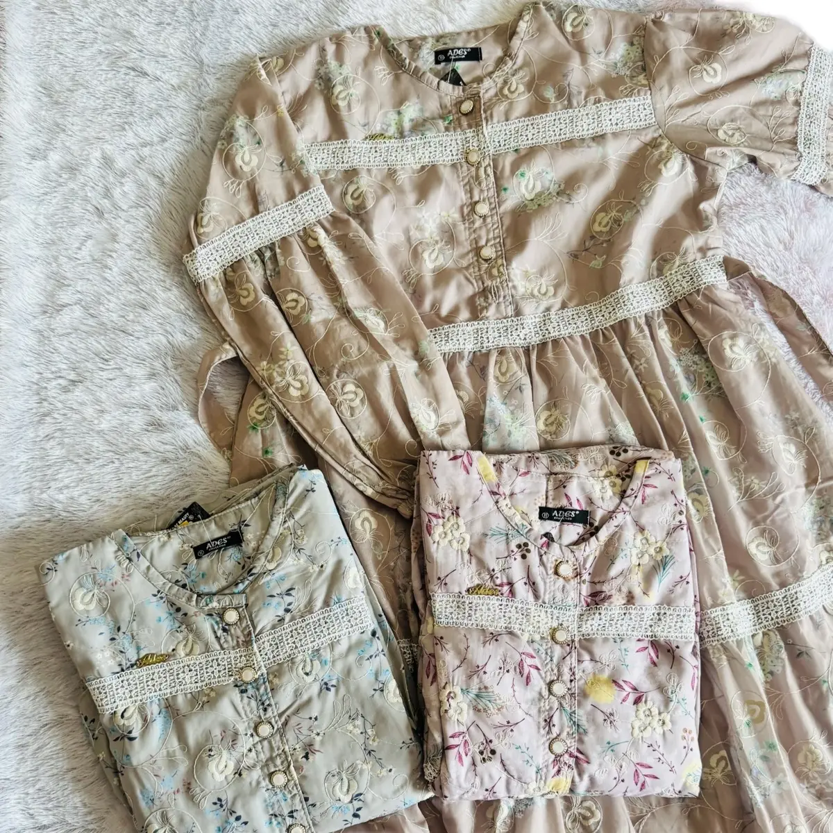 Gamis Katun Bordir Rempel Lebaran 2025 | warna soft bunga Korea style dengan tali pinggang Muslim Wanita Dress Motif