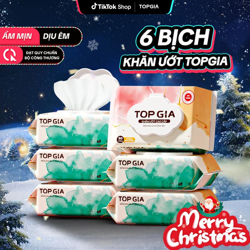 COMBO 6 BỊCH TO Thùng Khăn Giấy Ướt TOPGIA Ban Mai 6 Bịch TOPGIA 80 Tờ Cao Cấp Mềm Mịn An Toàn Cho Mọi Làn Da Cho Bé KU