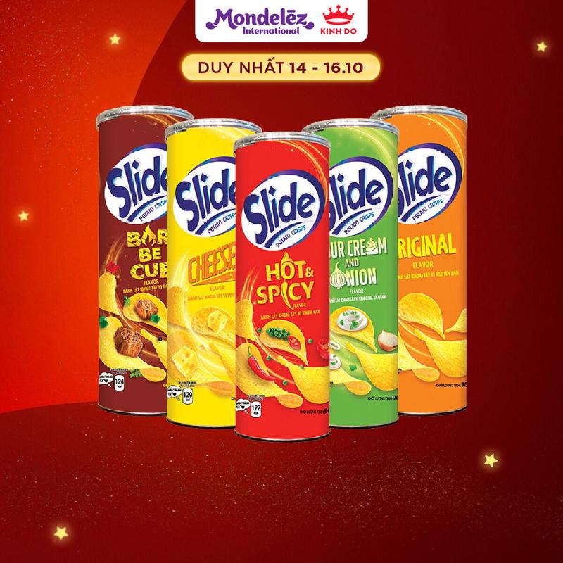 Bánh Lát Snack Khoai Tây Slide Vị Ngẫu Nhiên (Tự Nhiên, Thịt Nướng, Phô Mai, Kem Chua & Hành, Thơm Cay), Combo 5 Lon x 90g