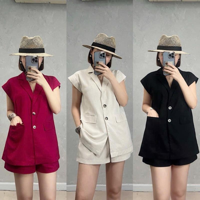  Set đồ nữ COLOUR  2216  — Set áo kiểu Vest + quần short lưng sau thun   Chất linen   
