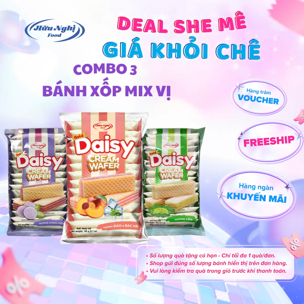 Combo 3 bánh xốp mix vị cốm, khoai môn, đào bạc hà Gold Daisy 145g