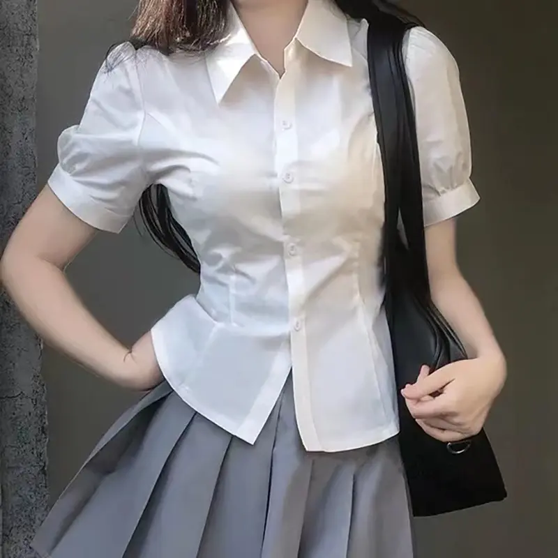 Kemeja Putih Wanita Pendek Musim Panas Desain Baru Lengan Puff Ceruk Pinggang Ramping Atasan Lengan Pendek 0