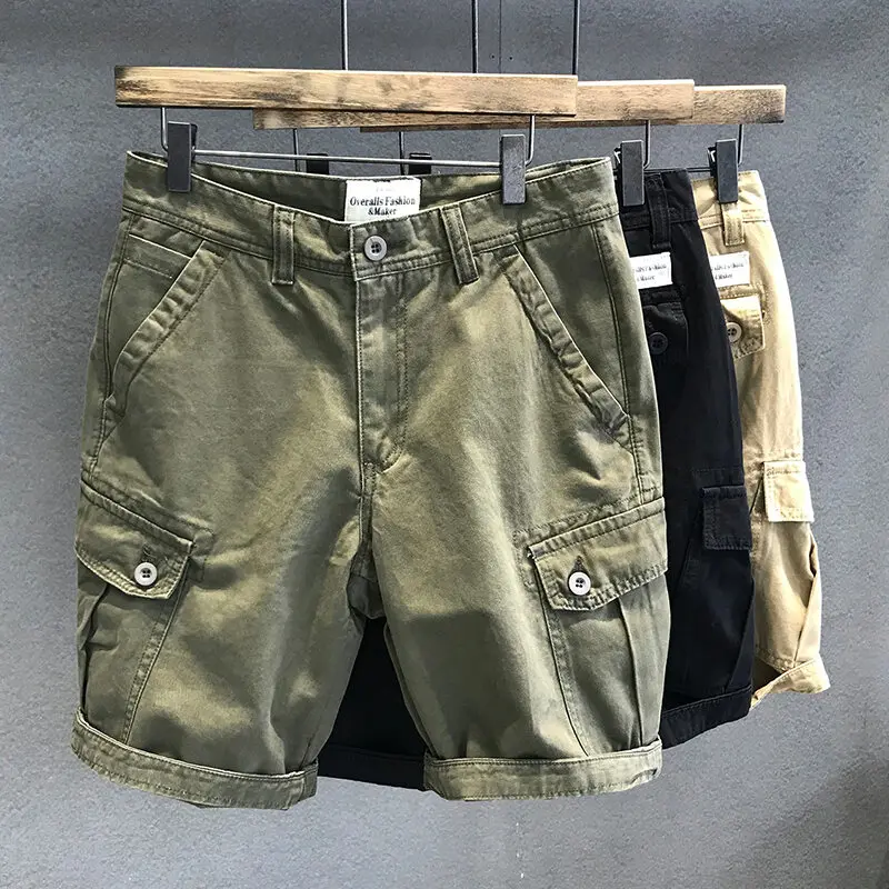 Pure cotton pants 4 sheets, short length, men's fashion, summer, multi-pockets, leisure, cargo, American style, retro shorts 3 quarter, new arrival