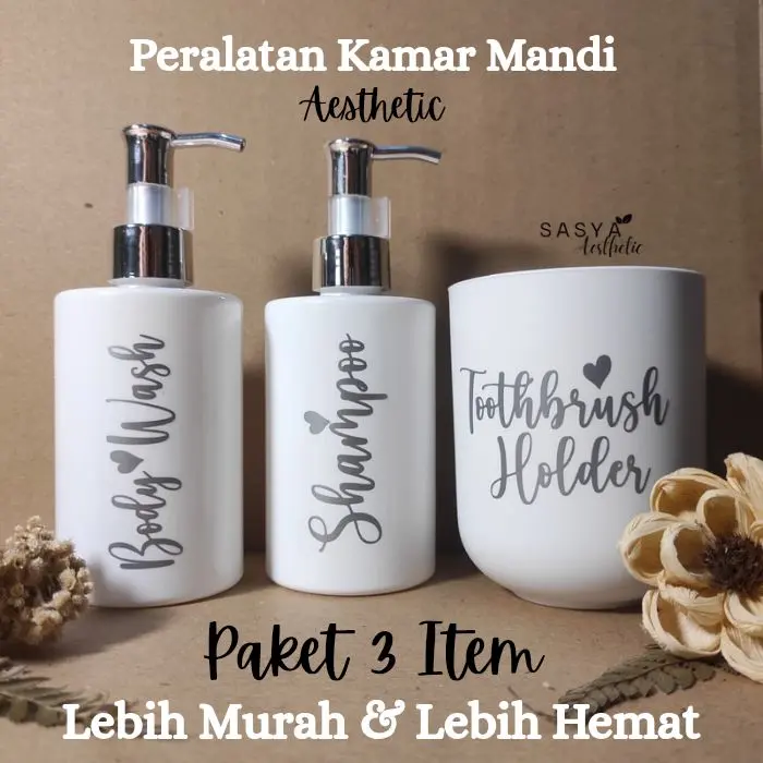 Paket Peralatan Kamar Mandi Botol Sabun & Shampo Pump Plastik Aesthetic Gelas Tempay Sikat gigi dispenser odol Putih Gold & Silver Lebih Murah & Hemat (T1P) 4
