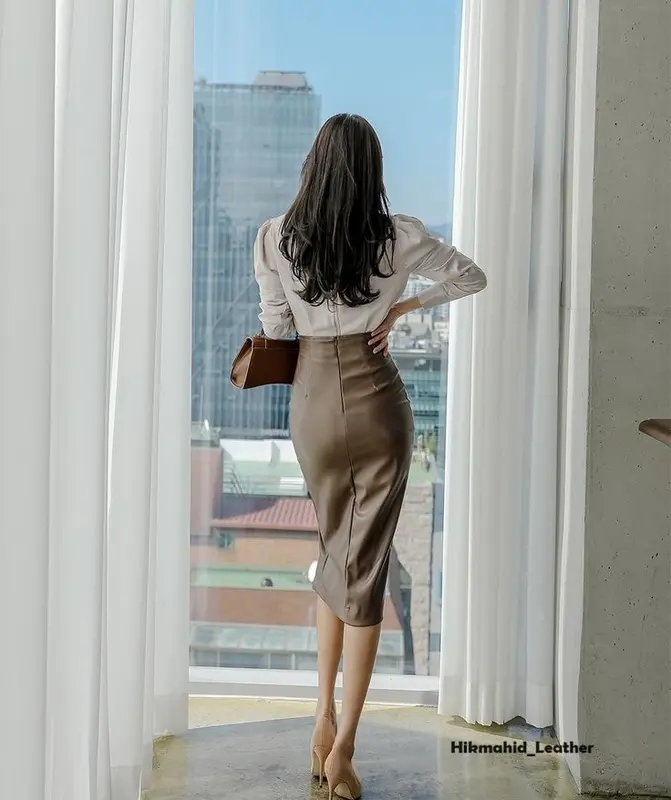 Rok Kulit PU Midi Wanita Korean Style Model Kancing Depan Menyilang Musim Dingin Musim Semi Rok Korea Terbaru Best Seller By Hikmahid_Leather 3