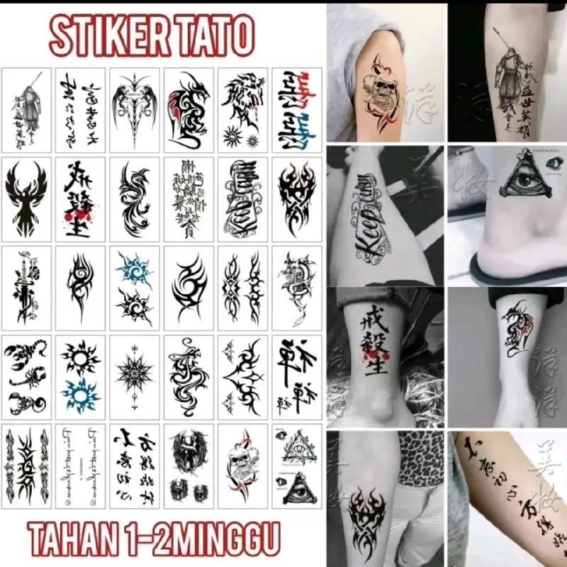 Paket 30 Gambar Tatto Tato Temporer Tubuh Aestethic Tattoo Burung Naga Phoenix Tulisan Kanji Jepang Wanita - Tatto Temporary Tahan Air Sementara Kering - Tattoo Bunga Lotus Teratai Hitam 4