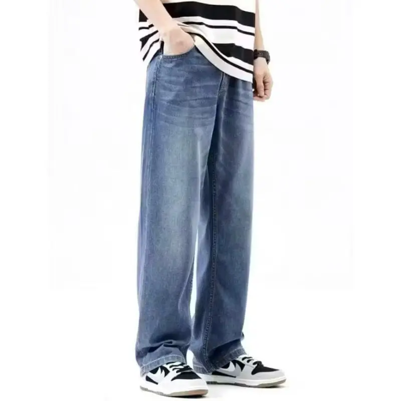 Youjins - Celana Baggy Retro Jeans Whisker Unisex Standard Basic Denim Korean Style Cowok Hitam Slim Fit Straight 0