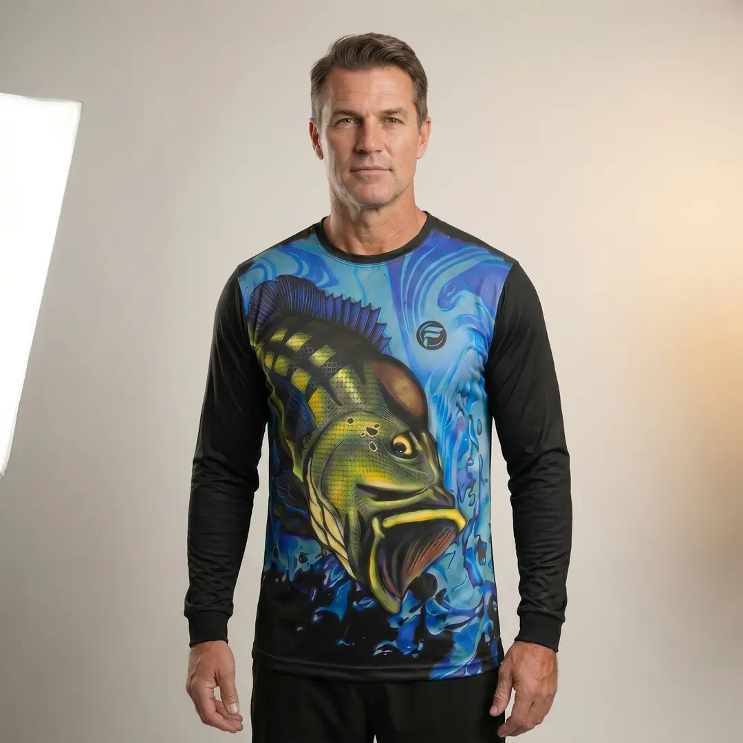 KIT 3 Camisa de Pesca Masculina Camiseta Dry Fit Blusa UV50 Manga Longa Gola Redonda Proteção Solar Tucunaré Dourado Traíra Pescaria