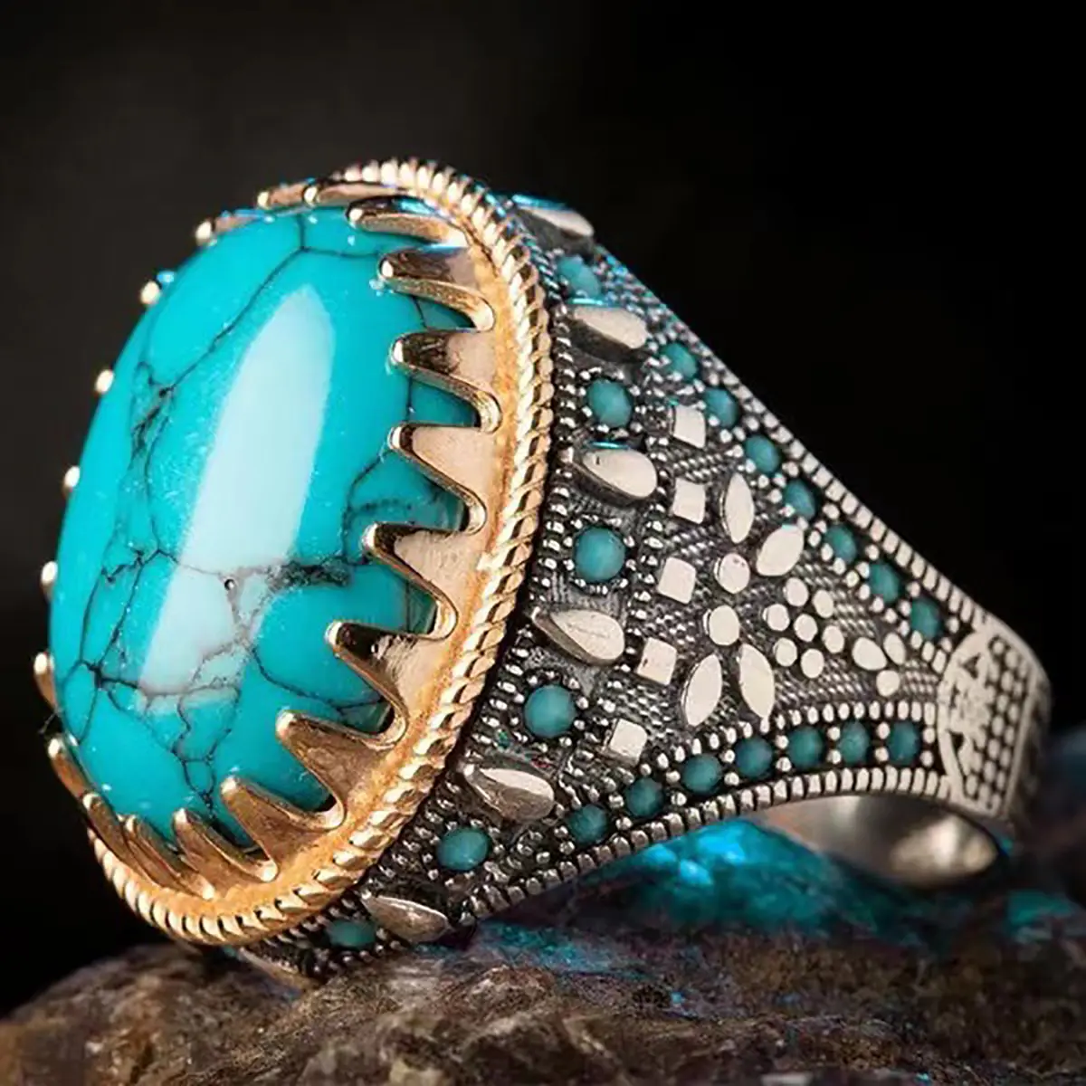 Gaya Bohemian turquoise buatan pola batu cincin pribadi bagi laki-laki, retro perak naga lalat serangga cincin punk totem, aksesori elegan dan menarik