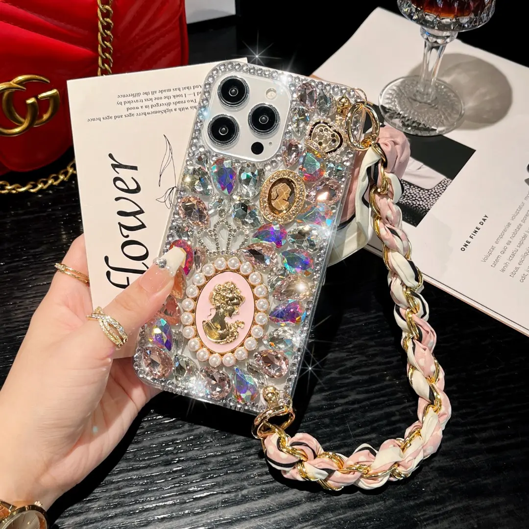 Princess Crystal Rhinestone Phone Case(Pink) compatible with iphone 16 15 14 13 12 11 pro max 14 15 16 plus -with chain
