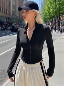 Chamarra casual ajustada con cierre para mujer, abrigo de protección solar de manga larga y patrón liso, ropa de abrigo para todas las estaciones