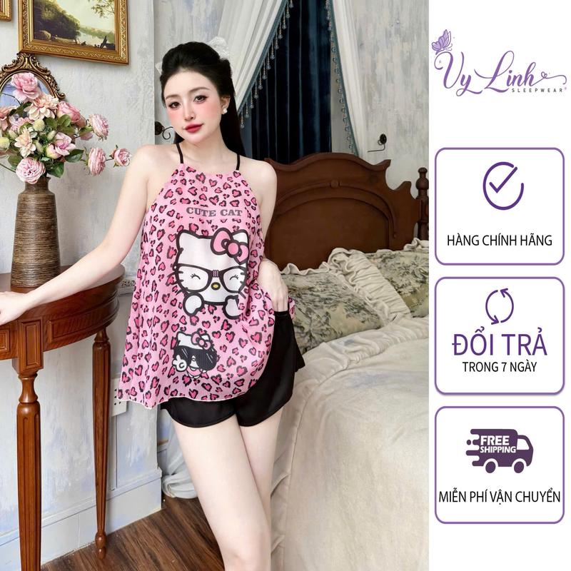 Bộ Đồ Yếm Ngủ Dành Cho Nữ Hoạ Tiết Dễ Thương Chất Liệu Voan Tơ Nhẹ Mát 1311