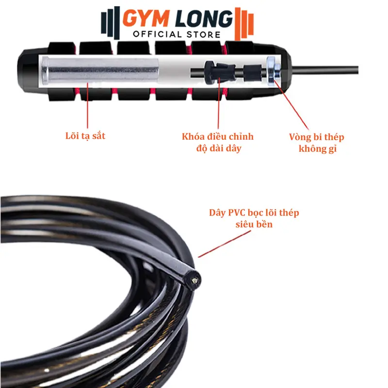 Dây Nhảy Thể Thao Tập Thể Dục Tại Nhà Bên Trong Lõi Thép Có Tạ Sắt Đầm Tay GYMLONG 3