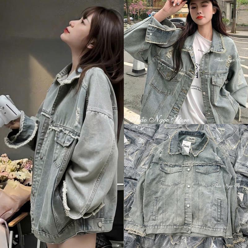 Áo khoác jean nữ tay dài form rộng rách vai phối viền tua 65cm! THẢO NGỌC STORE Nữ Women Top Bò