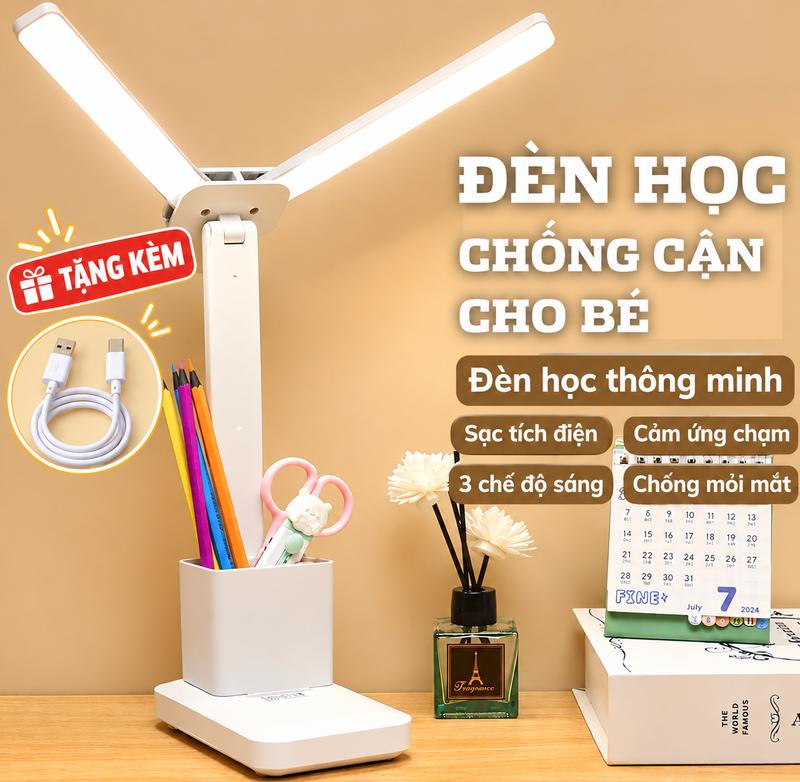 Đèn Học Để Bàn LED Chống Cận Gấp Gọn Cảm Ứng, PIN Sạc Tích Điện 3 Chế Độ Ánh Sáng