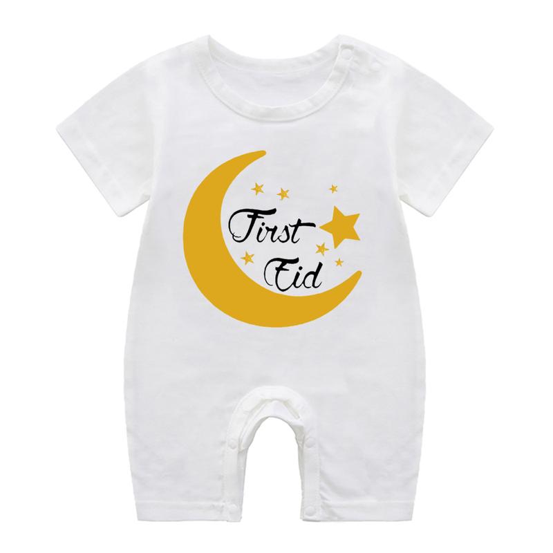 Bộ Đồ Áo Liền Quần Cotton Trắng Cho Trẻ Sơ Sinh, In Hình Vui Nhộn Eid Đầu Tiên Của Tôi, Thích Hợp Cho Trẻ Sơ Sinh Nam Và Nữ, Bộ Áo Liền Quần Ngắn Tay Ramadan 5