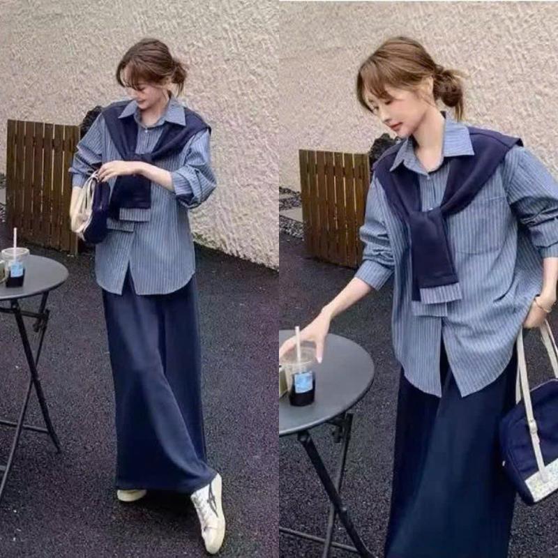  Set Bầu Áo Sơ Mi Kẻ + Khăn Phối Chân Váy Umi Suông A Dài Đầm Bầu Thời Trang Sau Sinh Cho Mẹ Bầu Và Sau Sinh 