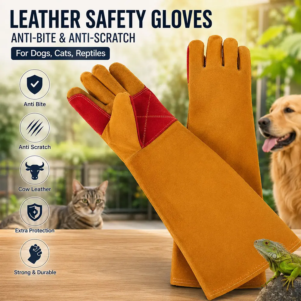 Eyou Sarung Tangan Anti G itan He n Kulit Sapi 60cm Safety Gloves Anti Cakar Anjing Kucing Reptil Tebal - Kuning