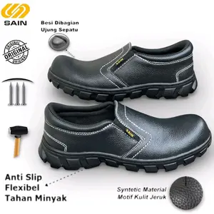 SAIN Luck Black White Sepatu Kerja Anti Slip Flexibel Tahan Minyak Motif Kulit Jeruk Besi Dibagian Ujung Sepatu Original Safety Shoes Hitam Putih