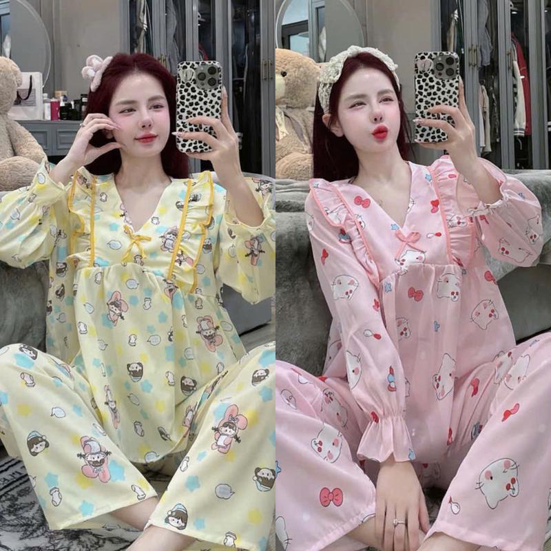Bộ tay dài baby doll lụa mango size dưới 60kg đồ bộ nữ dể thương pijama nữ đô ngủ nữ bộ ngủ lụa mềm mịn áo ngủ pizama tay dài
