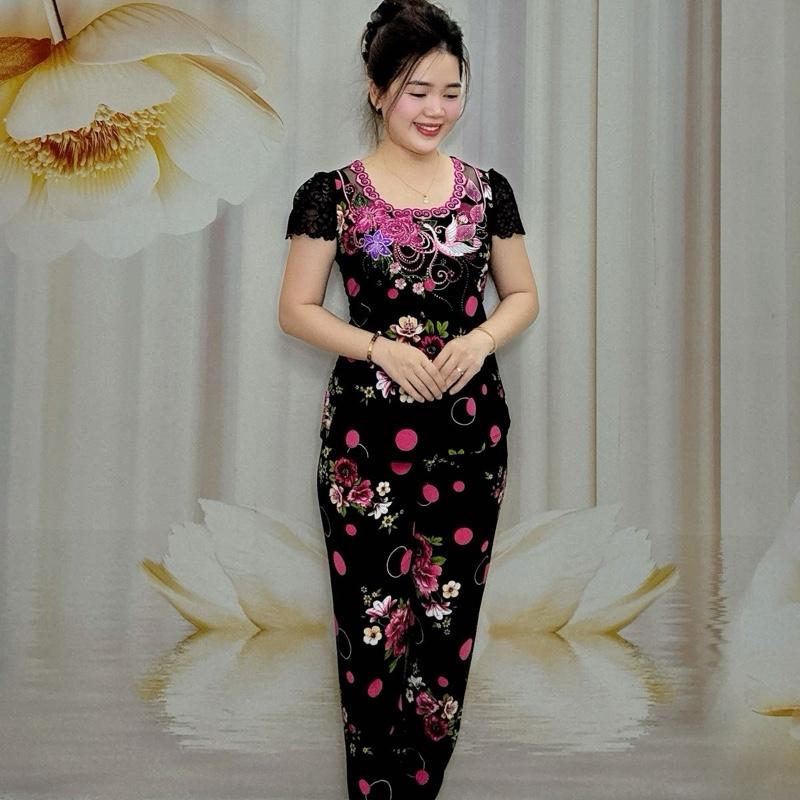 B42 Đồ Bộ Nữ Trung Niên Thun Tơ Hoa Cao Cấp Hoạ Tiết Bông Bi Cổ Tròn Thêu Phối Tay Ren Màu thương hiệu Hải Sơn