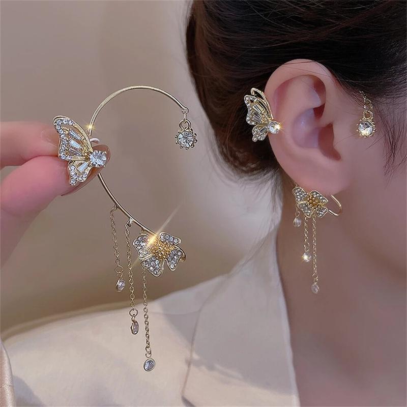 Bông Tai Hình Bướm Zircon Sáng Bóng Cho Nữ 1 Chiếc Khuyên Tai Màu Vàng Kim Kẹp Tua Rua Phong Cách Hàn Quốc Bông Tai Đồng Không Xỏ Khuyên Trang Sức