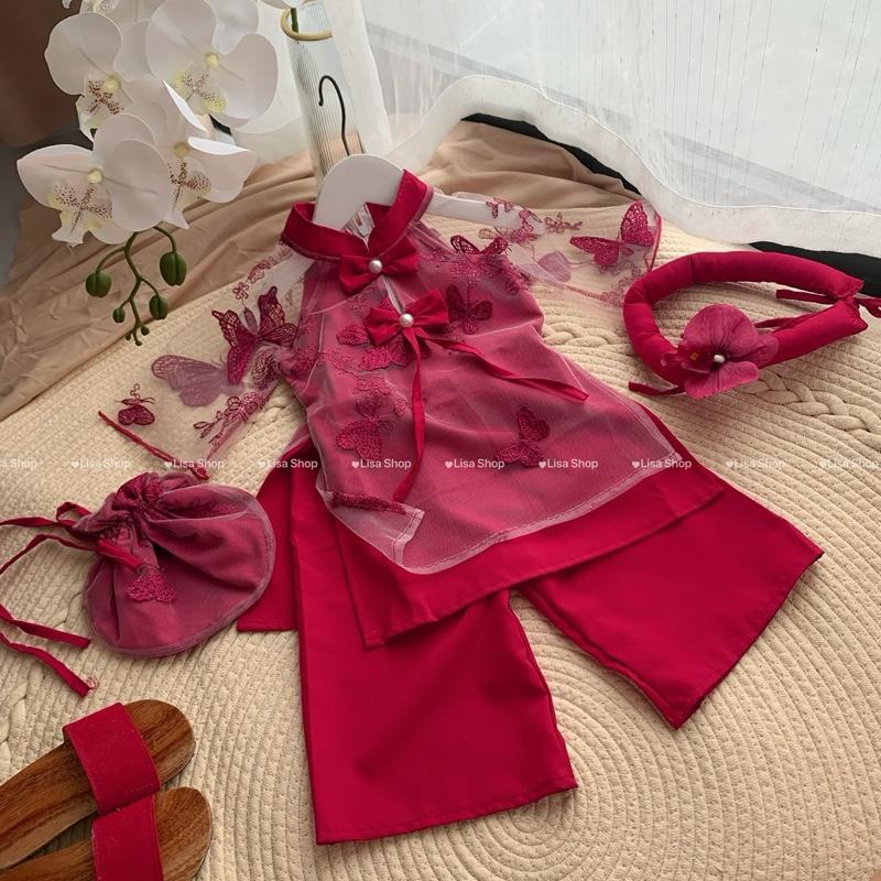   NEW 2026 - ĐỘC QUYỀN  Áo Dài Đỏ Thêu Yên Vũ Kèm Túi Và Mấng Cho Bé 3-30kg 