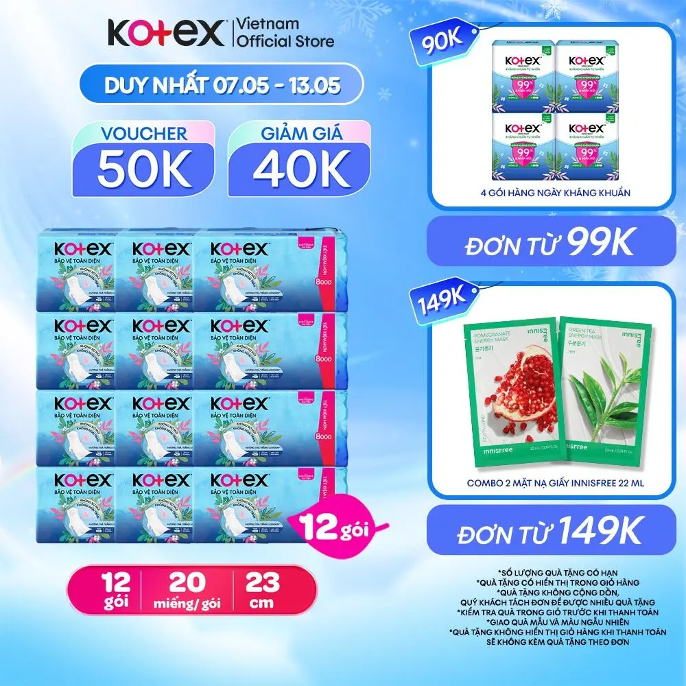 Lốc 4 gói/Combo 12 gói Băng vệ sinh Kotex Hỗ trợ Bảo Vệ 23cm Dày Cánh 20 miếng/ gói