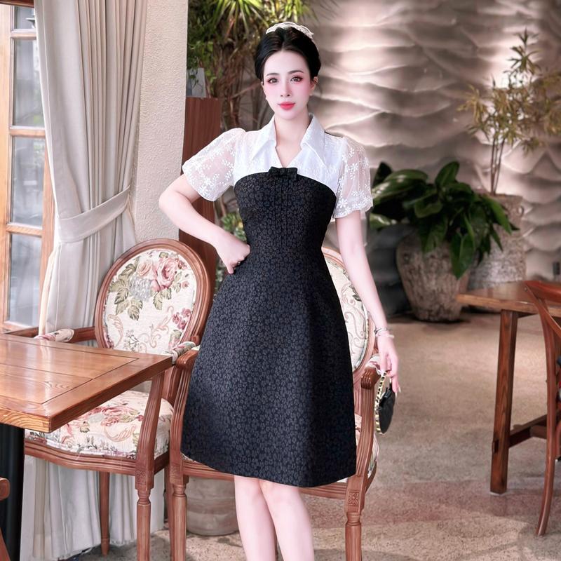 Váy đen dự tiệc sang trọng hoa xinh cổ sơ mi trắng thiết kế cao cấp chữ a tay ngắn đẹp đi tiệc đi làm eo tôn dáng Lux W Fashion