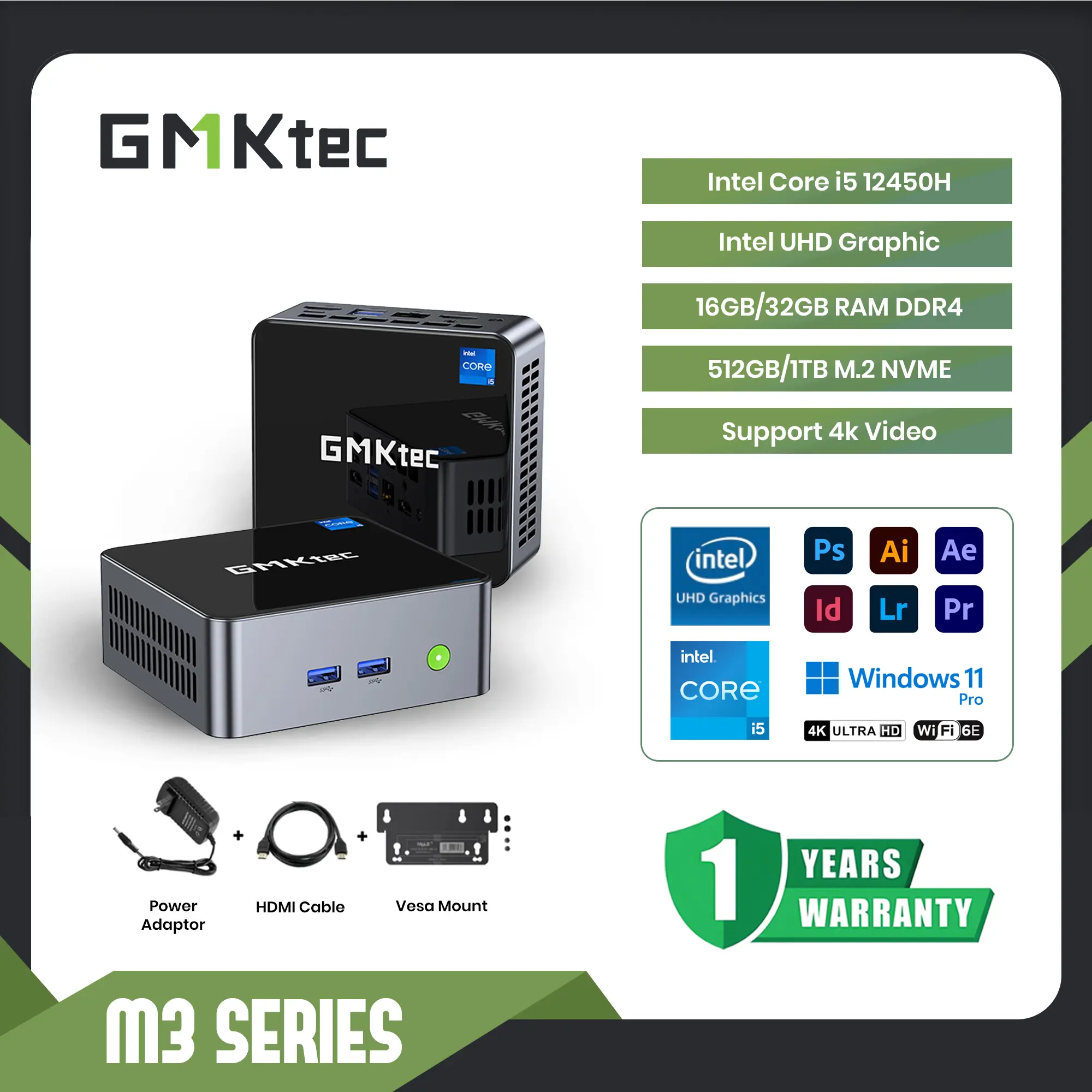 Mini PC Intel Core i5 12450H GMKTEC M3 16GB RAM DDR4 512 SSD NVME - Win 11 pro 4K Video