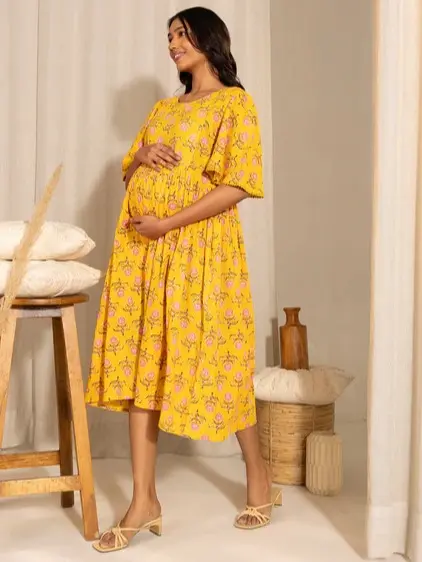 [Ready SG Stock- Size M L XL 2XL 3XL ] Women's Maternity Wear Comfortable Yellow Cotton Floral Fit & Flare Dress - Indian Dresses