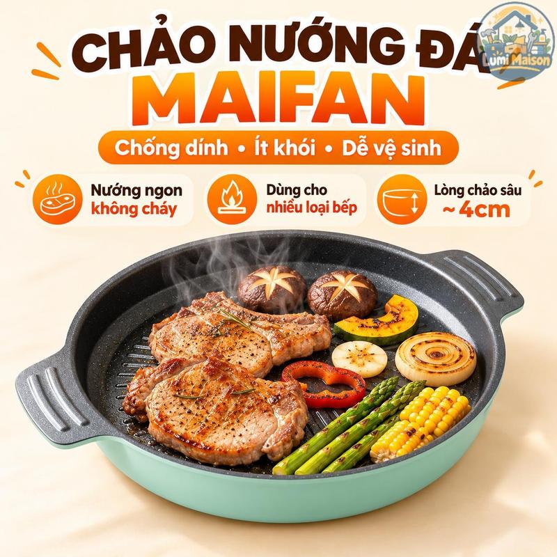 LUMI-Chảo Maifan Nướng Chiên Đa Năng 28cm, Chống Dính Dễ Nấu, Bề Mặt Vân Nướng, Truyền Nhiệt Đều Và Dễ Lau Rửa