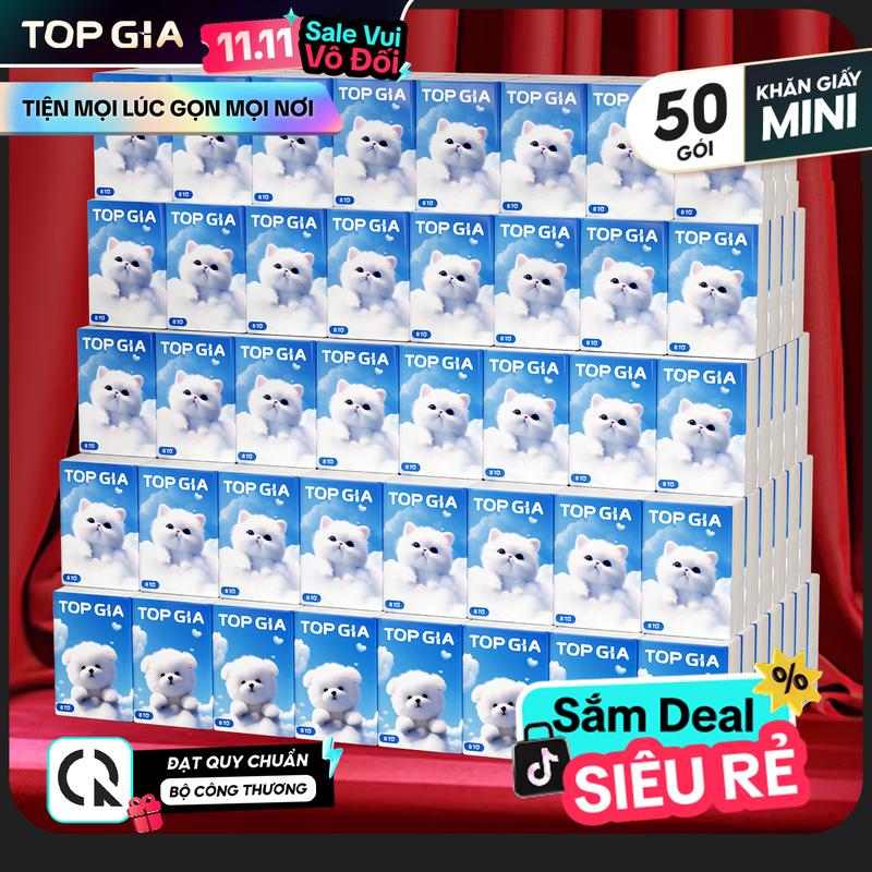   50 GÓI MINI  DEAL COMBO GIÁ TỐT Khăn Giấy Bỏ Túi Mini TOPGIA 20x20cm 4 Lớp Dập Vân 4D An Toàn Lành Tính Giữ Vệ Sức Khỏe Gia Đình Siêu Phẩm Đề Cử ĐẠT TIÊU CHUẨN BỘ CÔNG THƯƠNG  TG00  